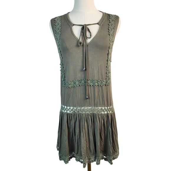 NEW POL Small Olive Tunic Top Cotton Blend Crochet Lace Eyelet Peplum Tie Neck - Picture 2 of 16
